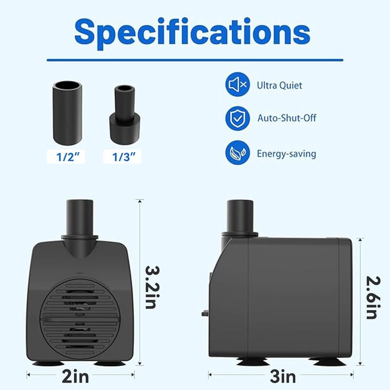 Knifel Submersible Pump 200GPH with AUTO-Shut-Off 5.2ft High Lift for Fountains, Hydroponics, Ponds, Aquariums & More - Image 3
